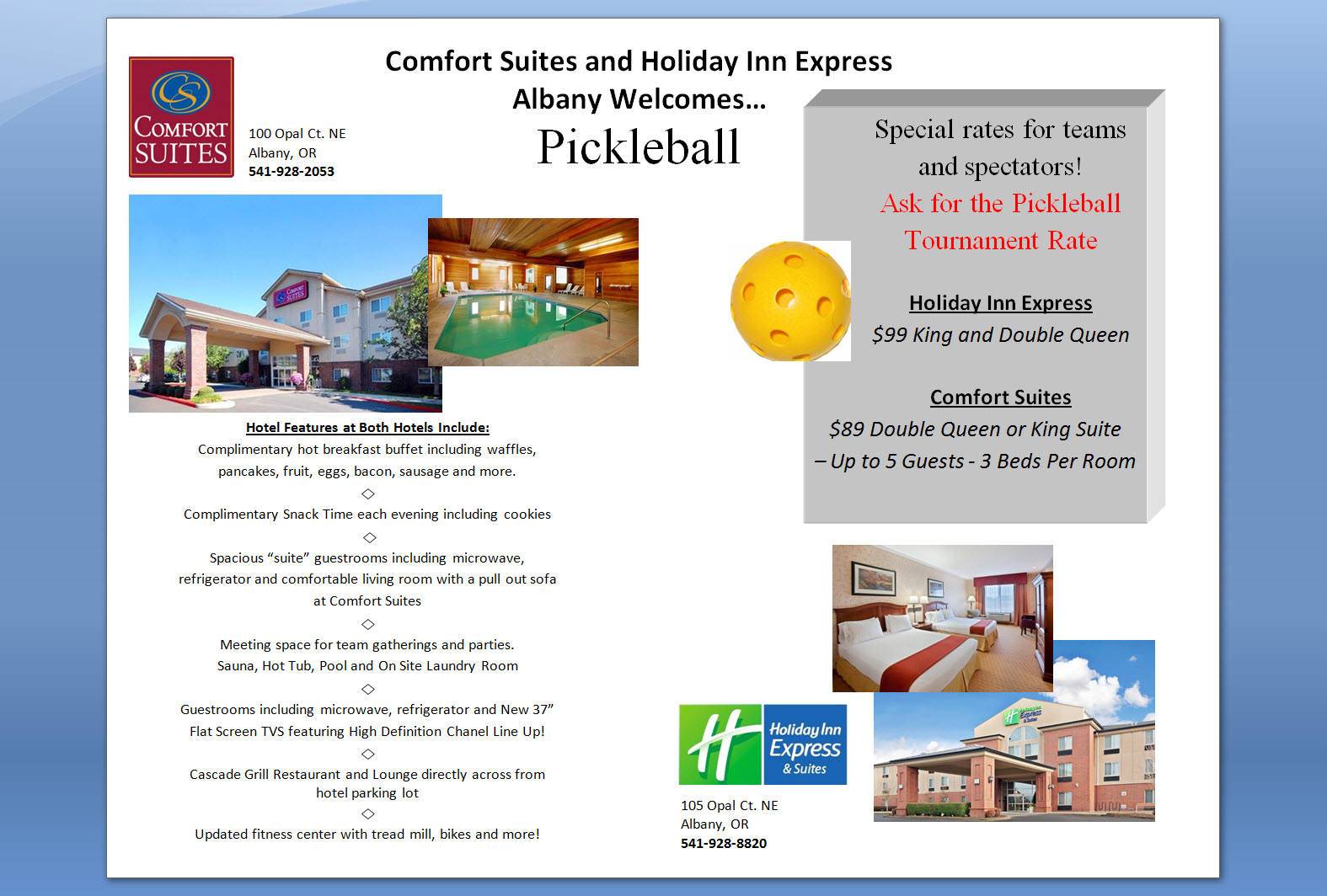 2013 Comfort Suites Holiday Inn Pickleball Rate Albany Oregon